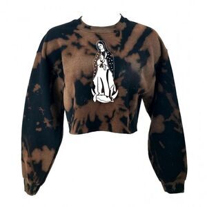 LA VIRGEN DE GUADALUPE Acid Wash Crop Top Long Sleeve Crewneck Sweatshirt latina